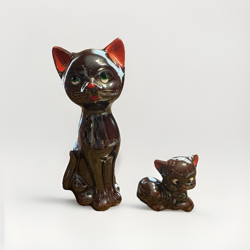 VTG Redware Pottery Set 2 Cute Brown Cat Kitten Iridescent Finish Japan *READ*